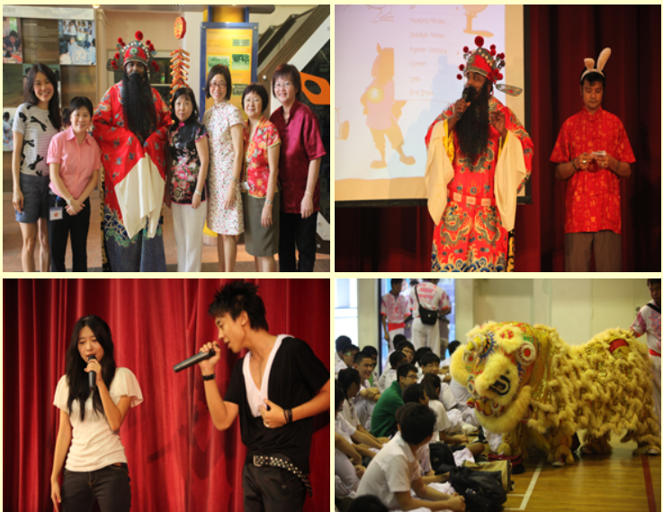 Four-panel collage of a Chinese cultural event with costumed performers, singers with microphones, and a lion dance.