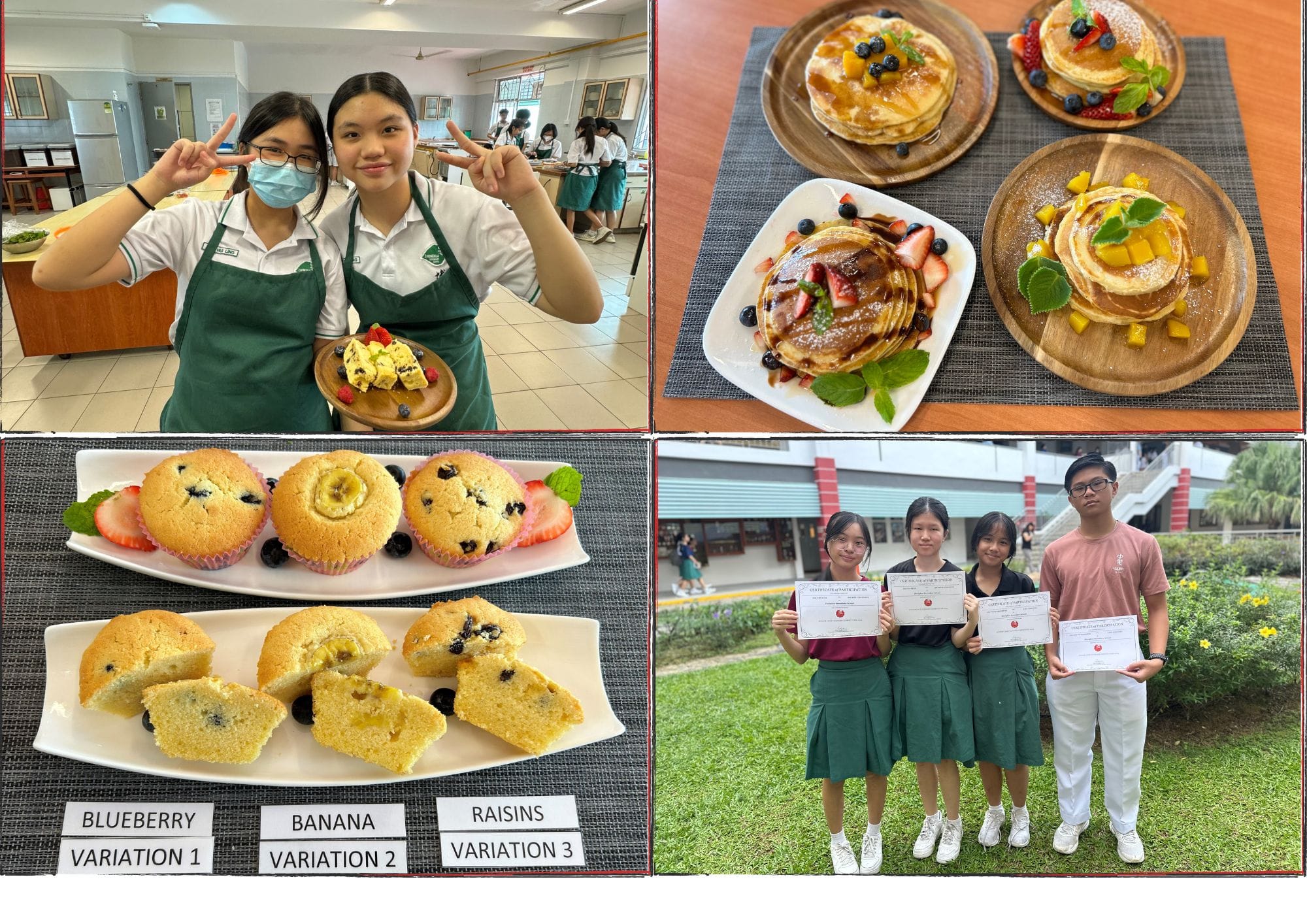 Four students display baked muffins, fruit pancakes, and certificates in a school cooking class setting.