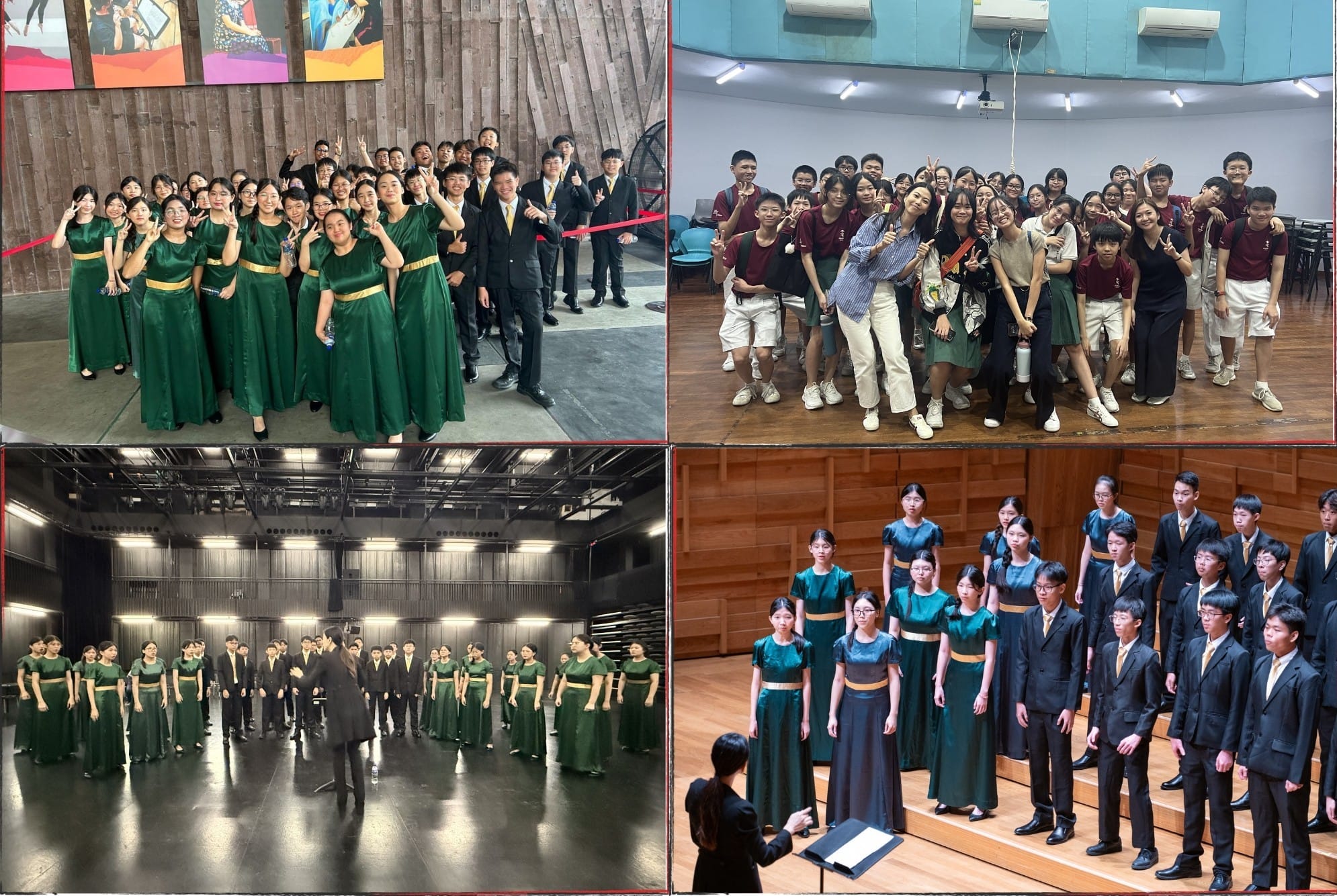 Four photos of a youth choir in green dresses and black suits posing, rehearsing, and performing on stage with a conductor.