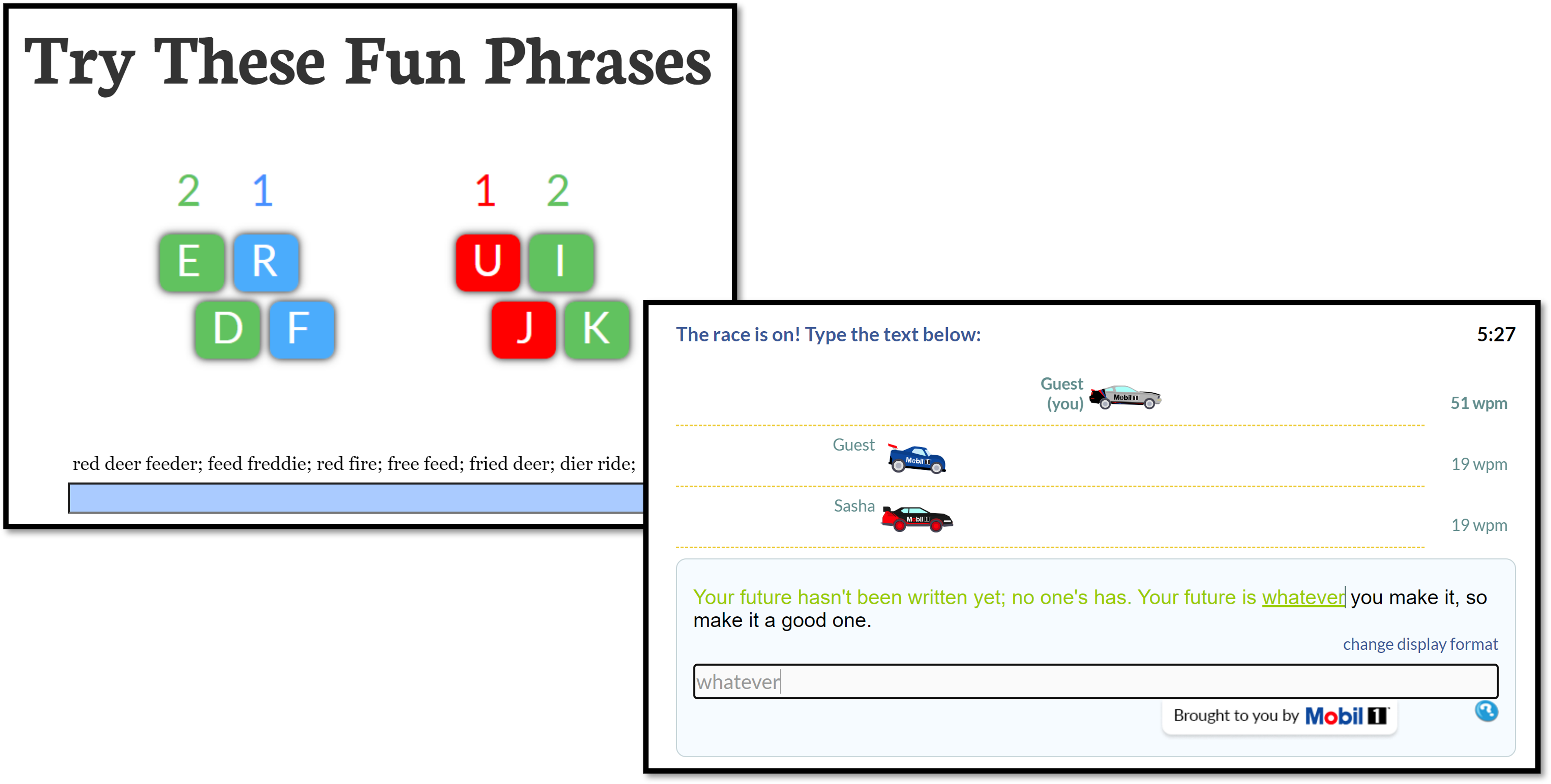 Two typing game screenshots: one shows keyboard keys with phrases, the other shows a racing game with WPM scores.