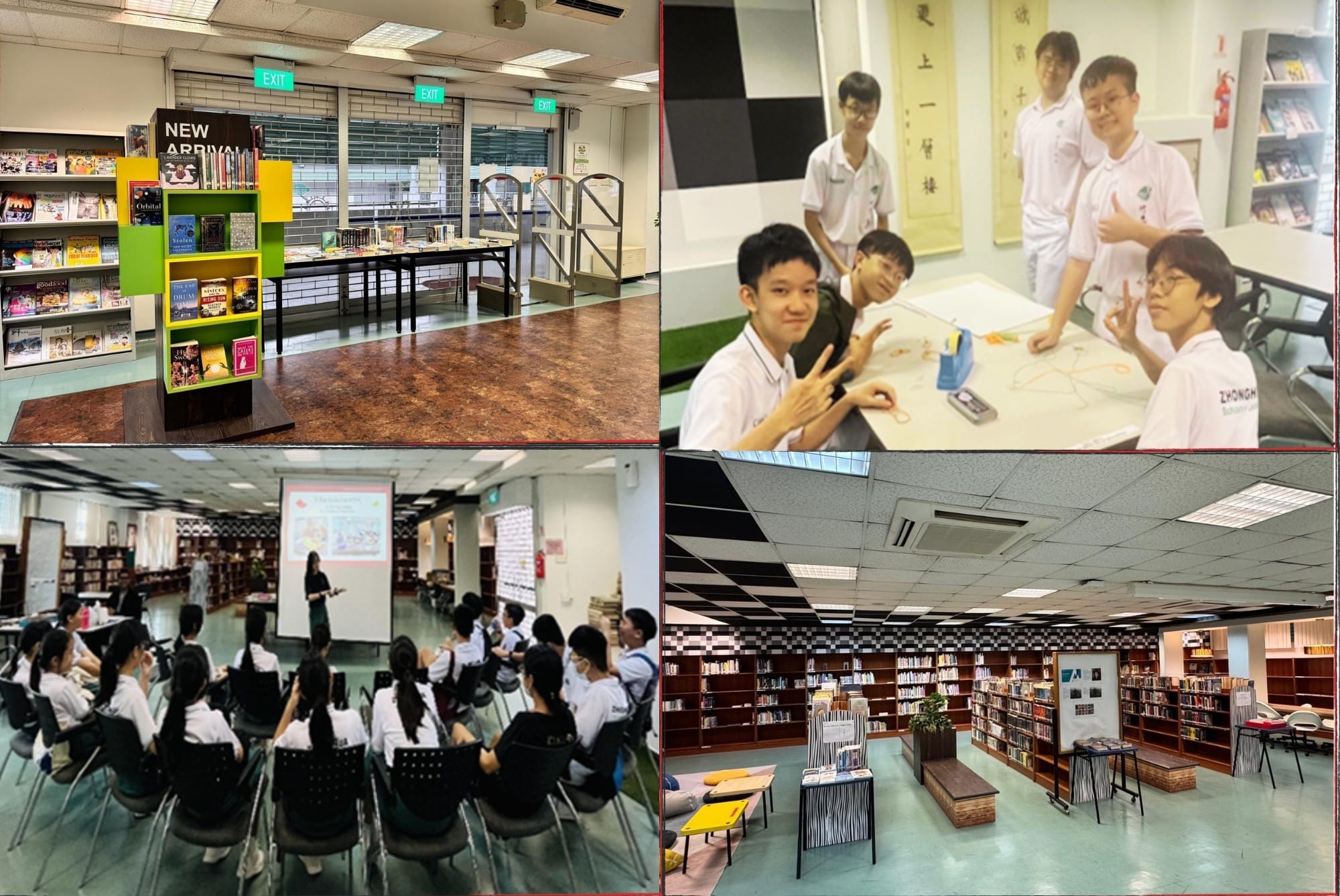 Four school library scenes: book display, students posing at a table, a class presentation, and library shelves.