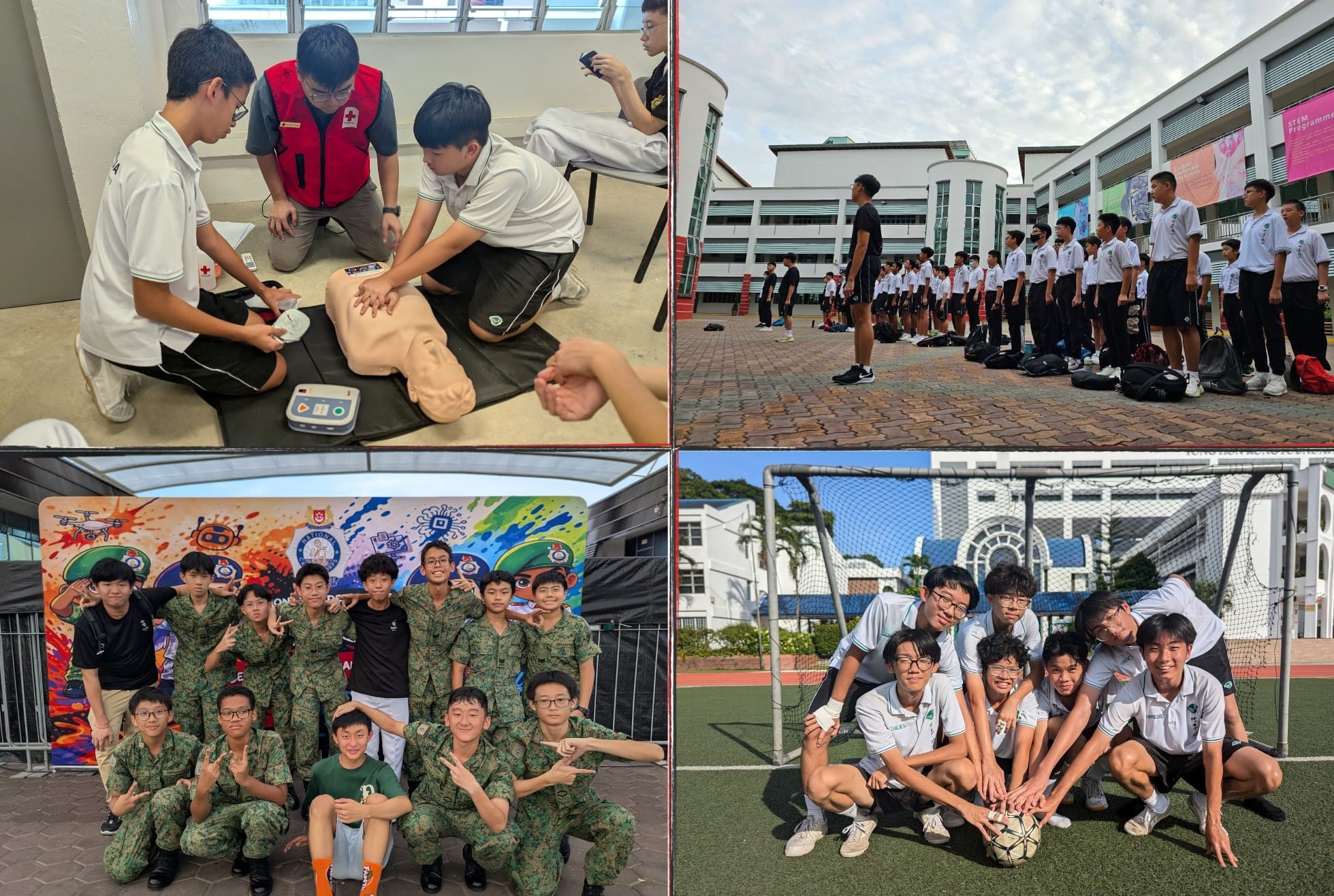 Four scenes of school boys: CPR training, outdoor lineup, group in camouflage uniforms, and a soccer team posing.