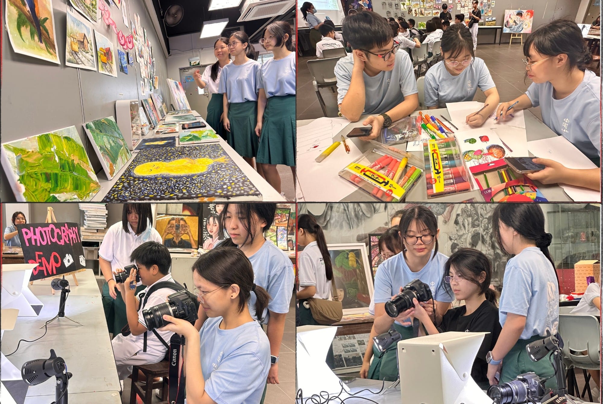 Students in blue uniforms view paintings, draw with markers, and use Canon cameras at a school art event.
