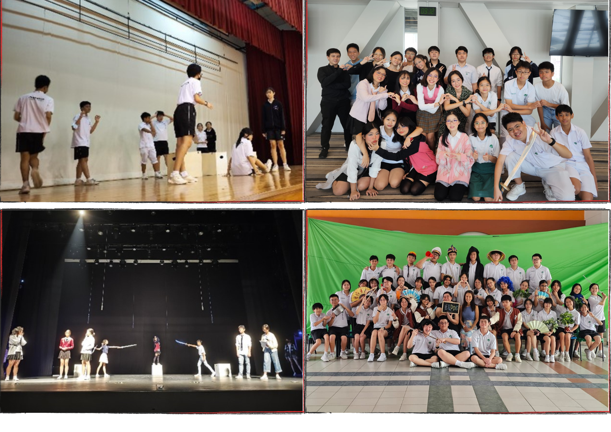 Four photos of students rehearsing and posing at school drama events, including stage performances and group photos.