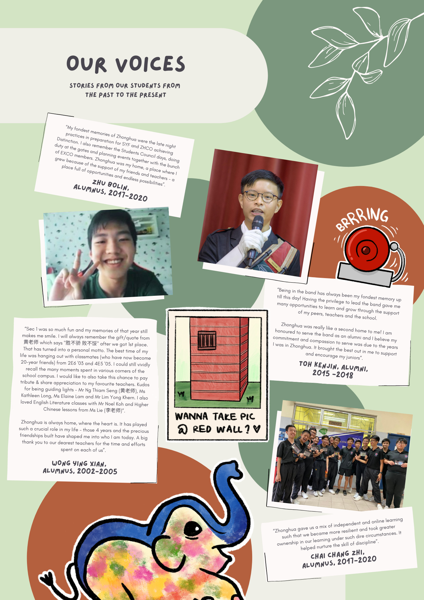 A school newsletter titled Our Voices featuring student quotes, photos, and illustrations including a bell and cartoon elephant.