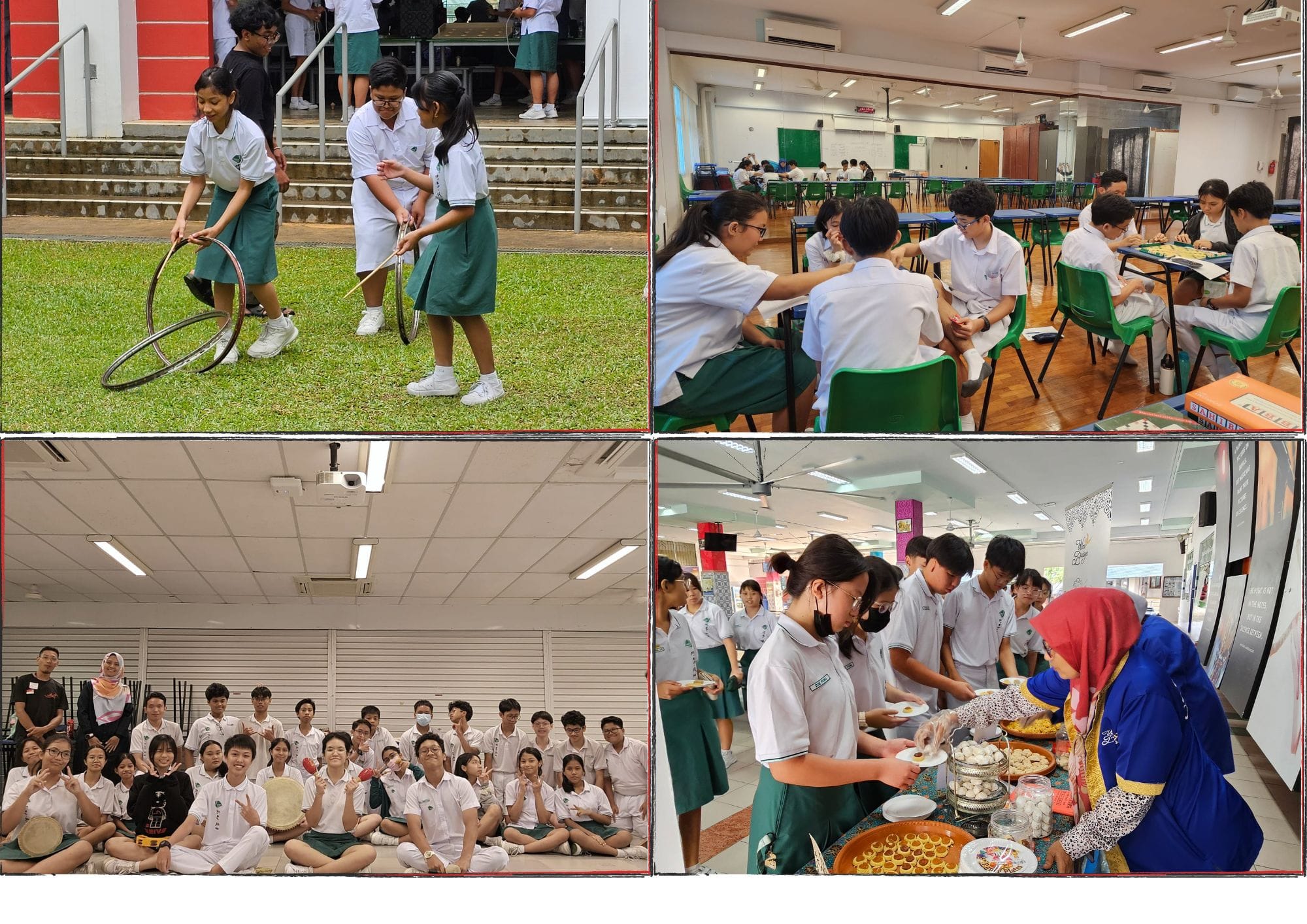 Four school scenes: students rolling hoops, playing board games, posing as a group, and sampling food at a cultural event.