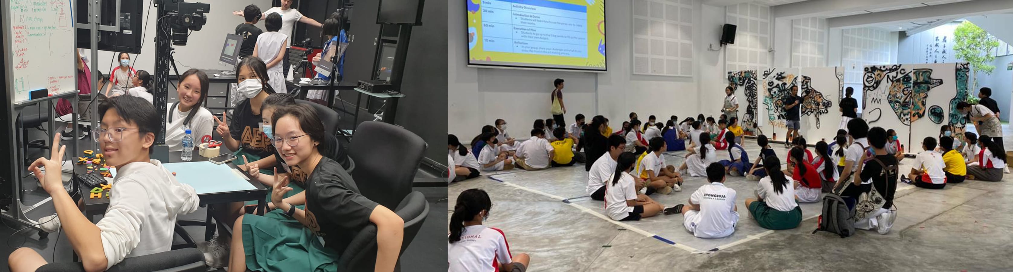Students in a studio pose at desks; right side shows students sitting on a floor facing a projected presentation screen.
