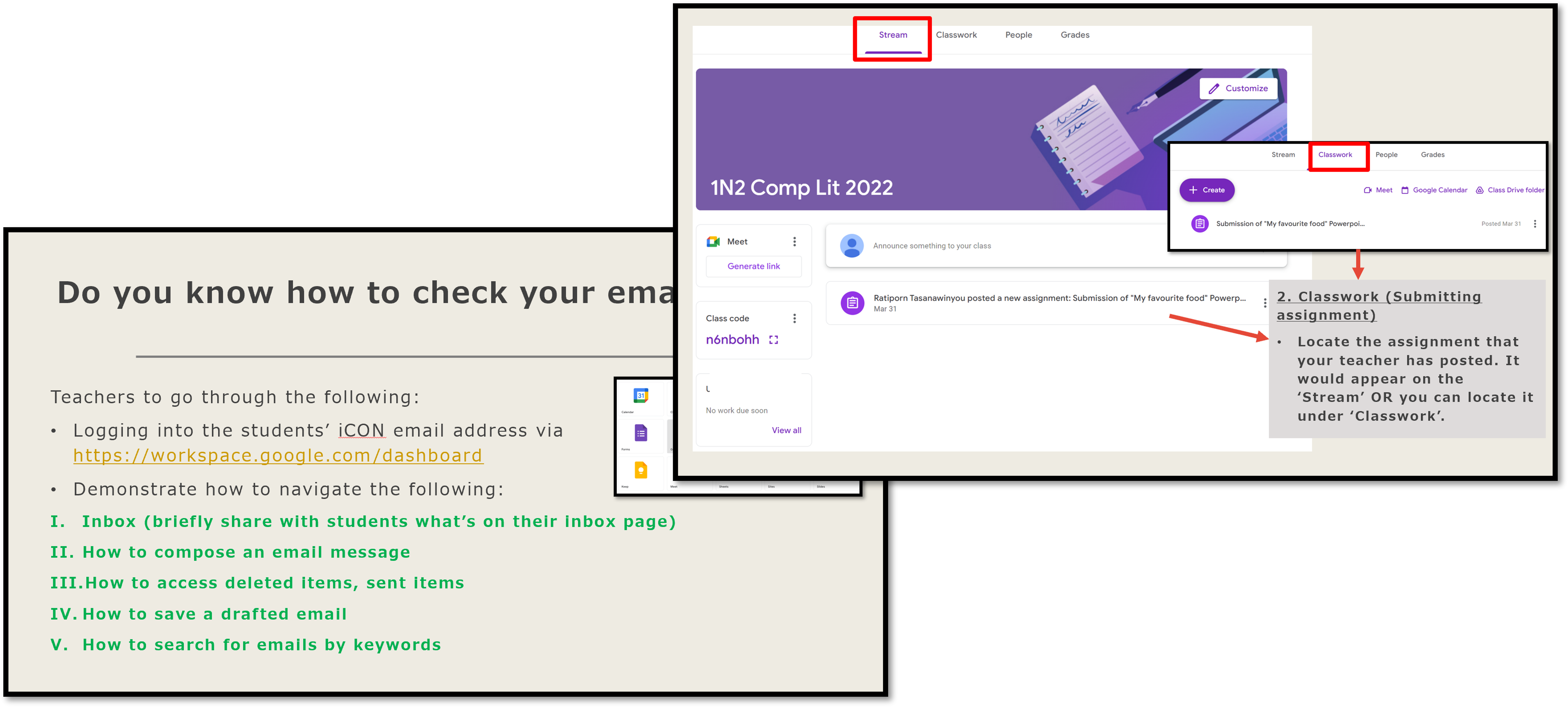 Two overlapping slides showing Google Classroom navigation and teacher instructions for checking email and submitting assignments.