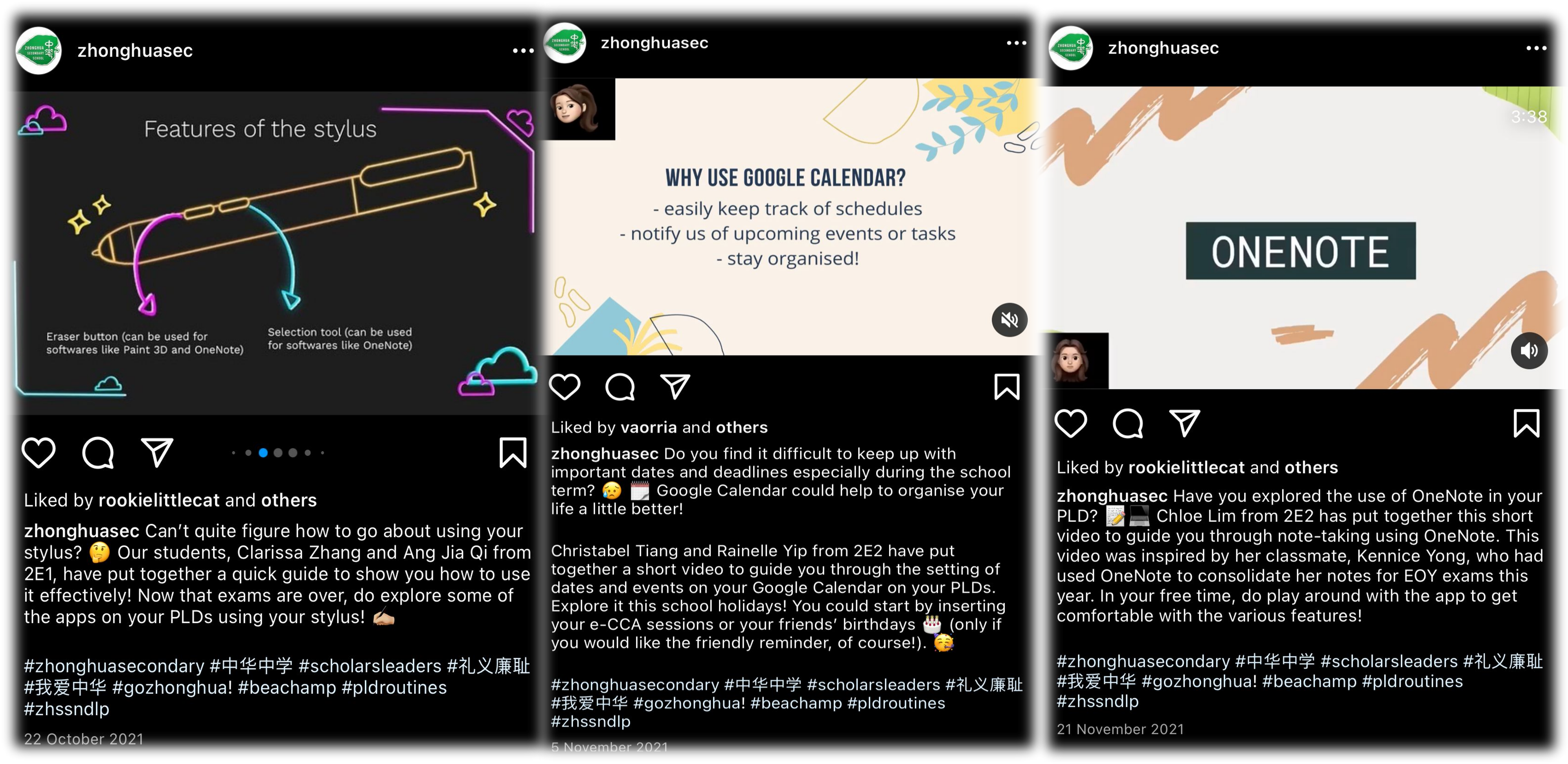 Three Instagram posts showing slides about stylus features, Google Calendar benefits, and OneNote.