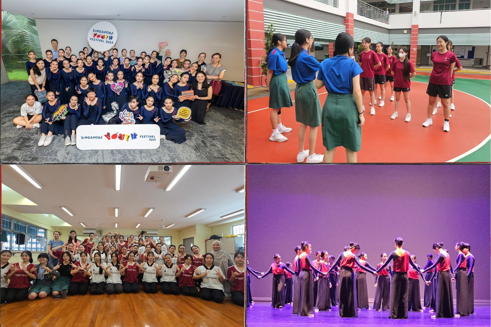 Four scenes of students at Singapore Youth Festival 2025, including group photos, outdoor gathering, and a stage dance performance.