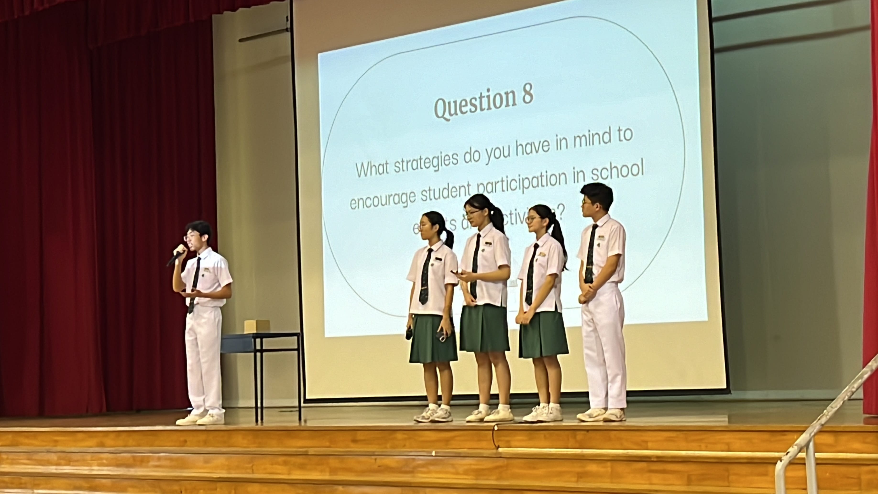 Five uniformed students stand on a stage with a projected slide reading Question 8 about student participation strategies.