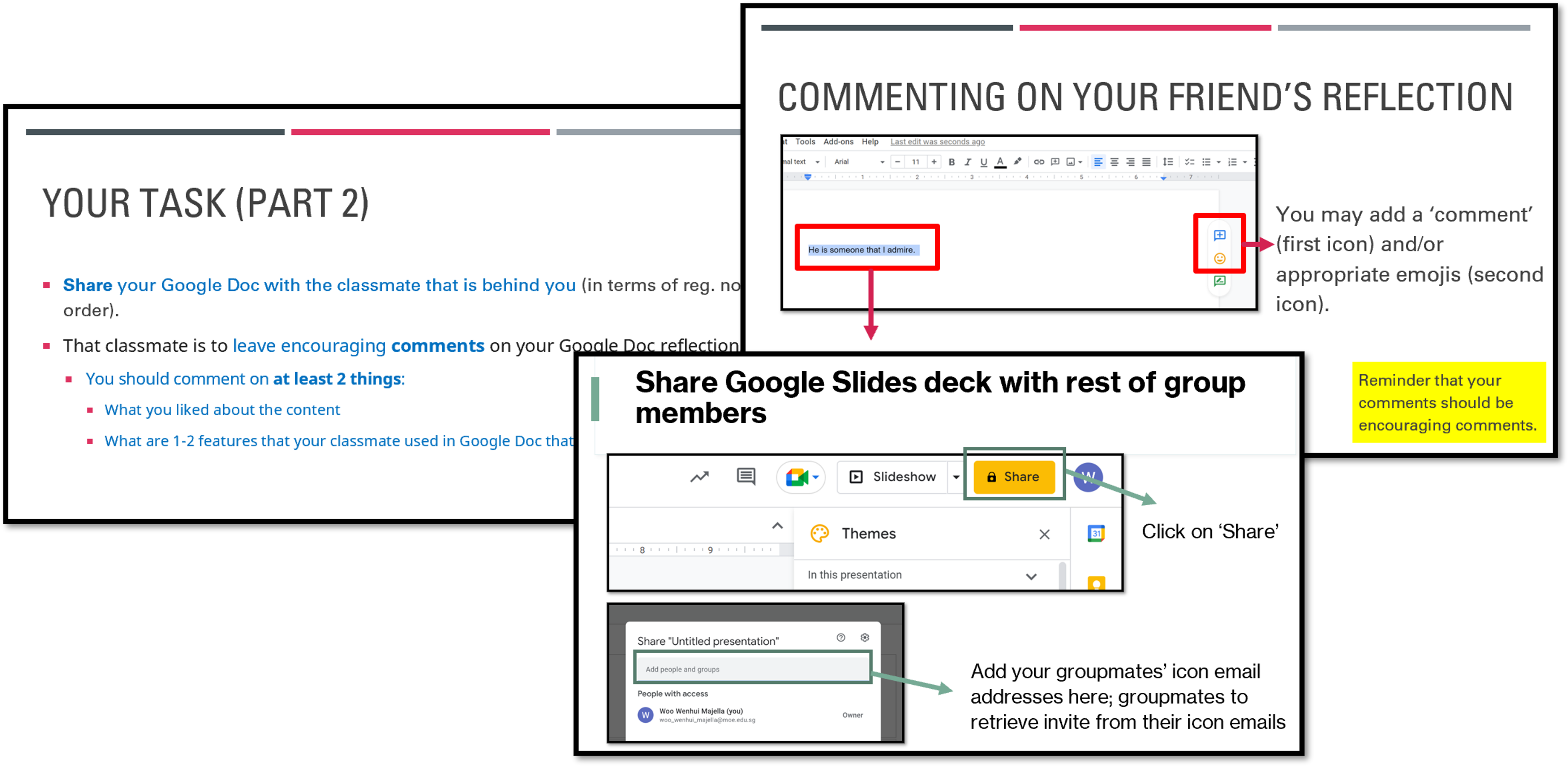 Three instructional slides showing steps to share Google Docs, add comments, and share Google Slides with group members.