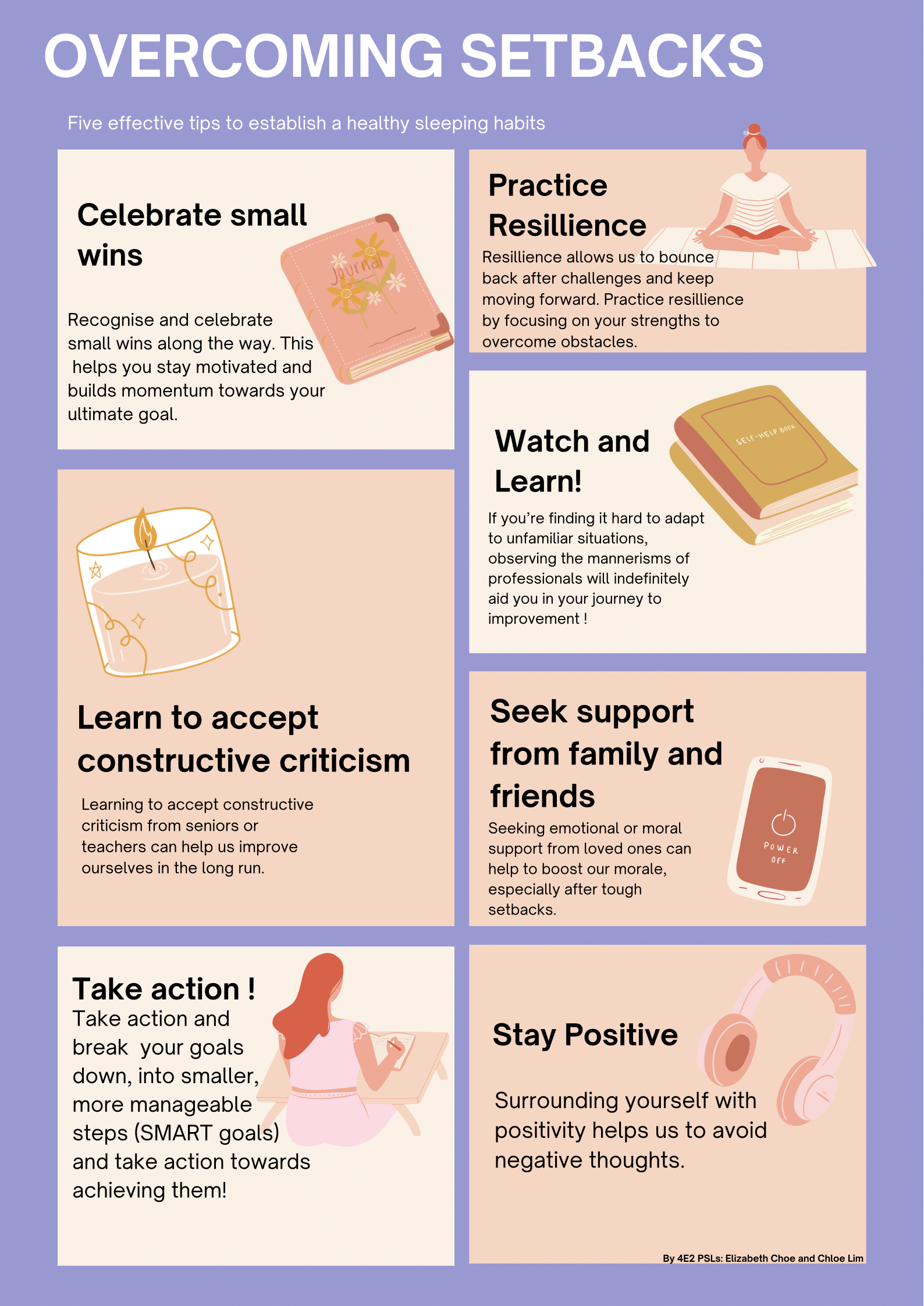 Infographic titled Overcoming Setbacks with seven tips including celebrate wins, resilience, and stay positive.