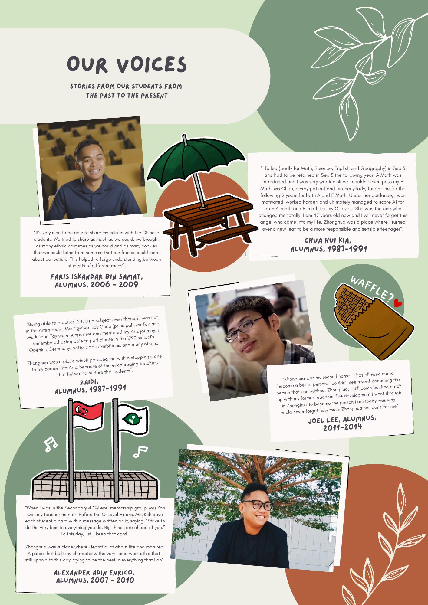 A school newsletter titled Our Voices featuring student quotes, photos of alumni, and decorative illustrations on a green background.