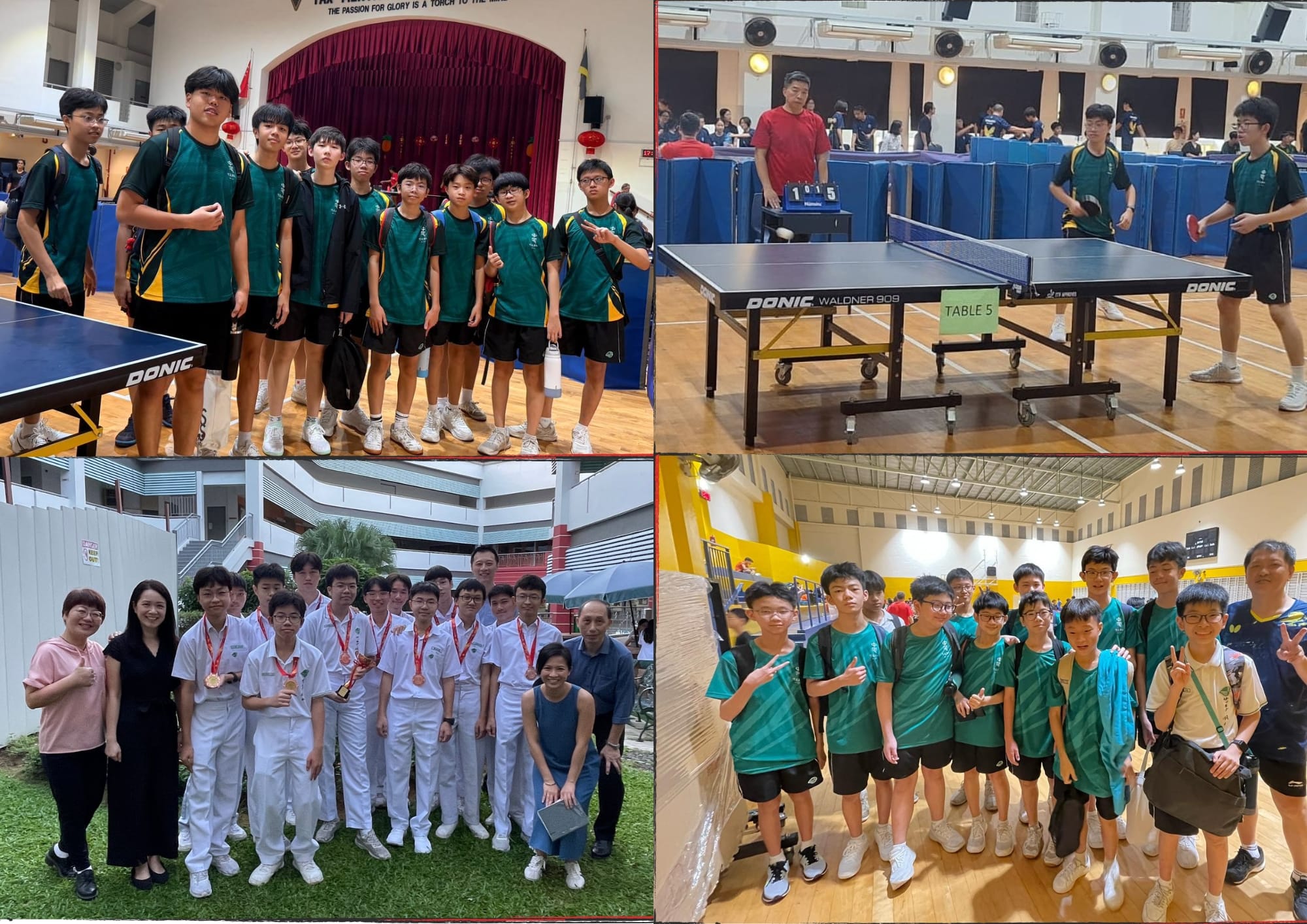 Four photos of school students in green uniforms at a table tennis tournament, posing and playing matches indoors.