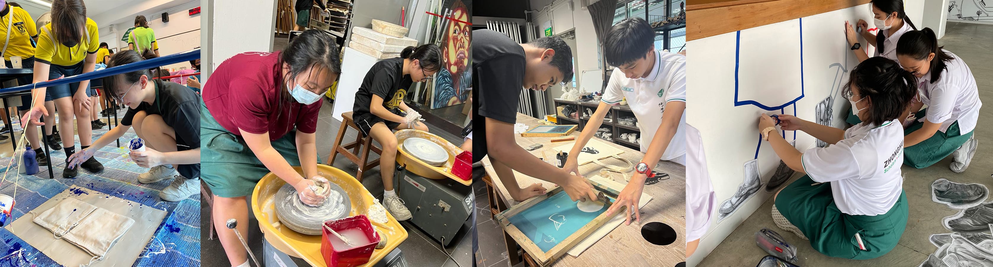 Students engage in art activities: painting on floor, pottery wheel throwing, screen printing, and mural drawing on a wall.