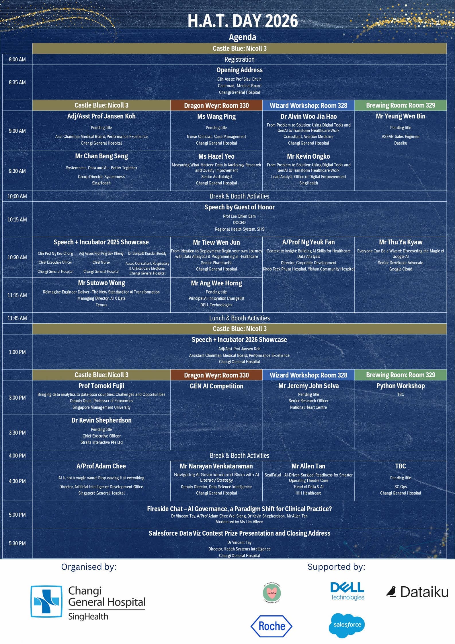 The program agenda for H.A.T Day 2026 - featuring speakers from CGH, SingHealth, Google Cloud, SMU, Straits Interactive Pte Ltd, and more.