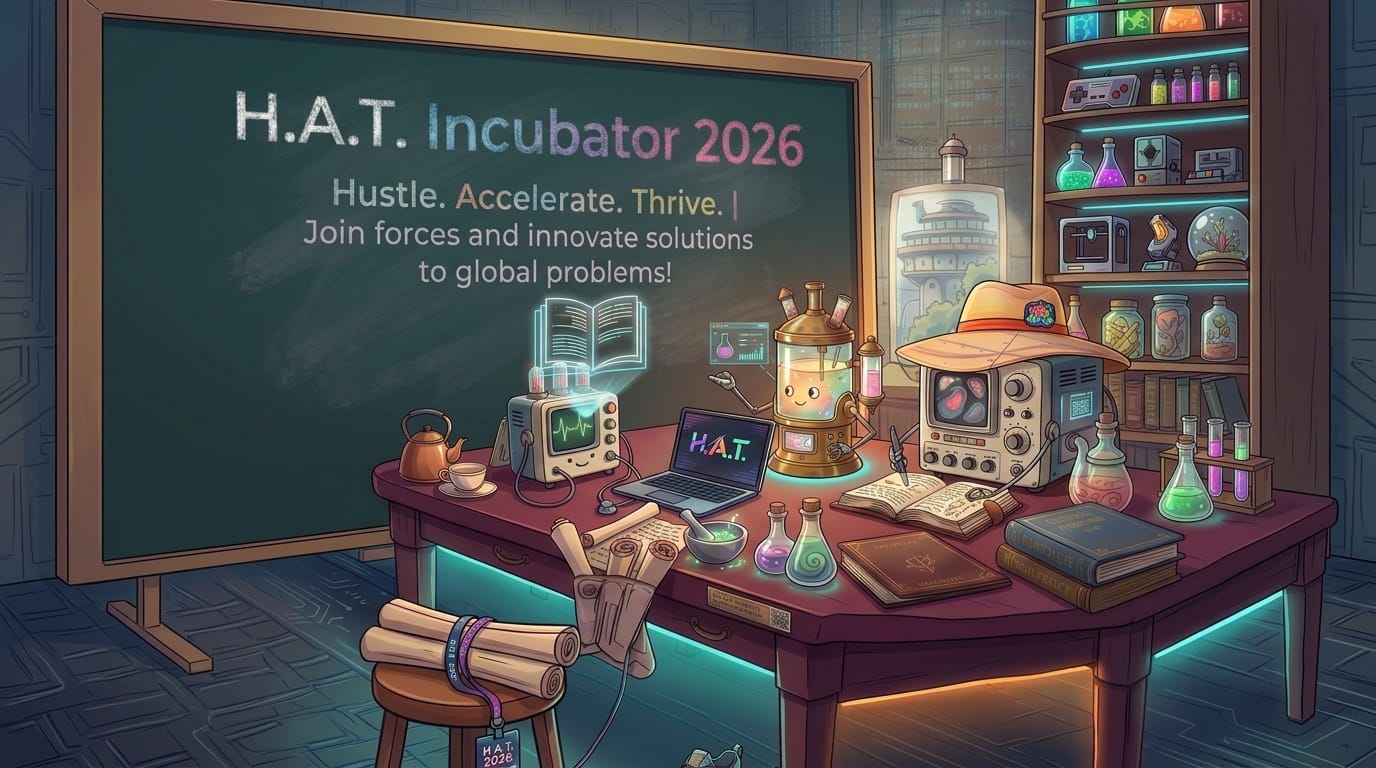 Cartoon lab desk with gadgets and potions before a chalkboard reading H.A.T. Incubator 2026 Hustle Accelerate Thrive.
