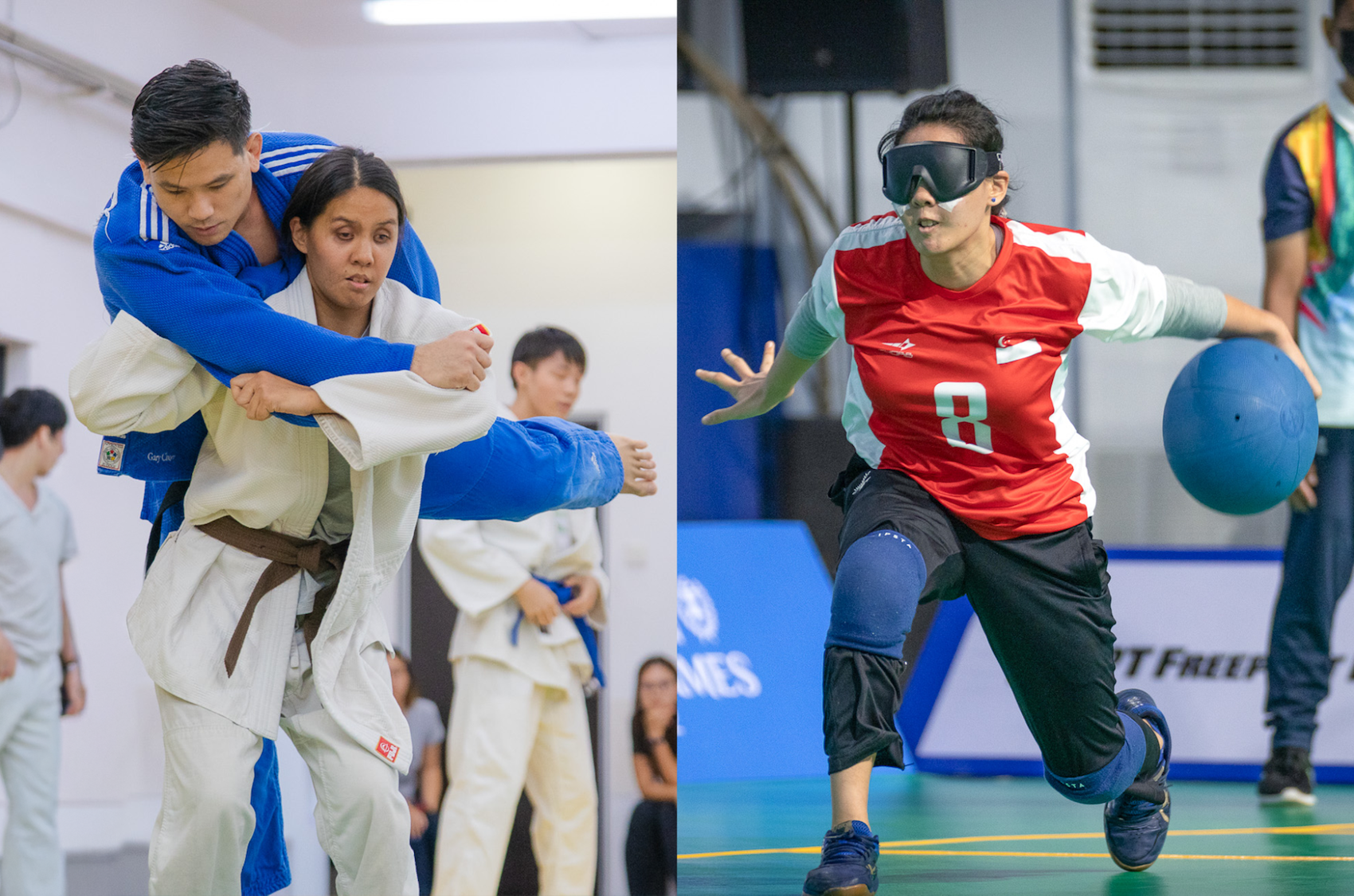 Add your alt text hereJoan (left) practising Judo drills; Joan (right) taking a shot in Goalball 
